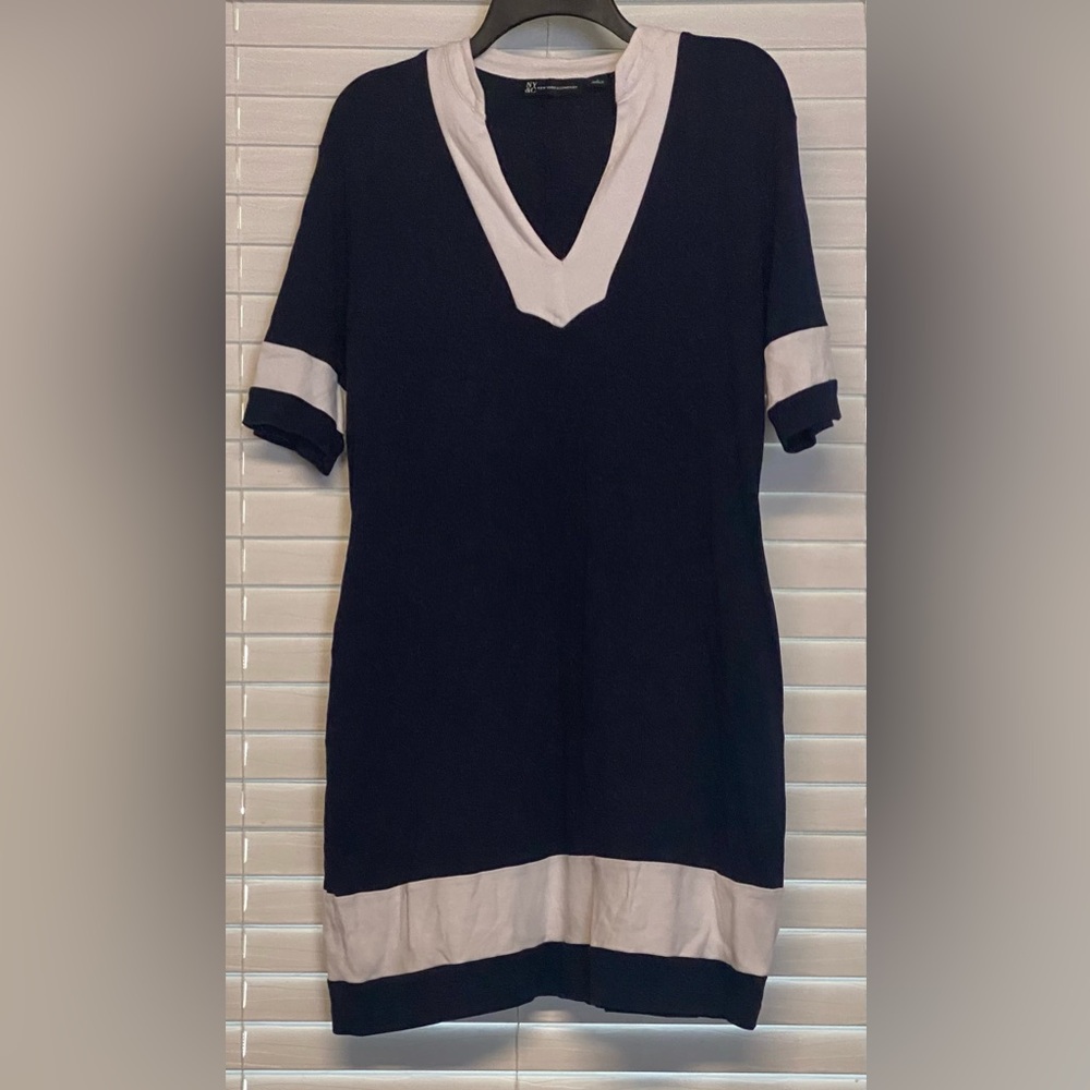 New York & Company Navy and White V-Neck Dress